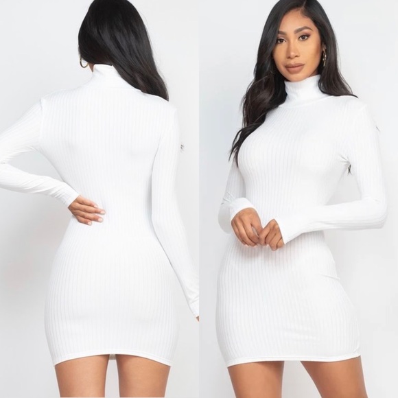 WHITE LONG SLEEVE RIBBED MOCK NECK BODYCON MINI  DRESS - Picture 3 of 4